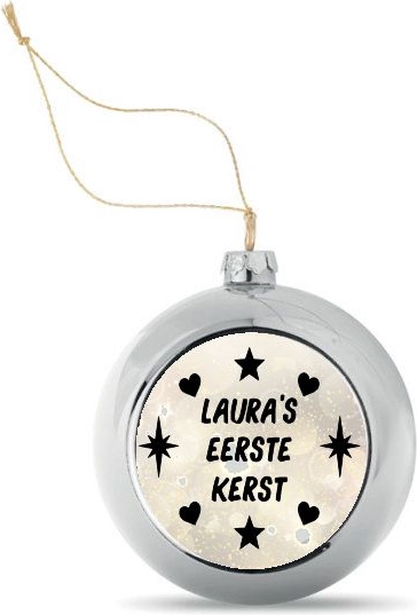 Zilverkleurige gepersonaliseerde kerstbal met "Naam + eerste Kerst" - 5 cm Ø
