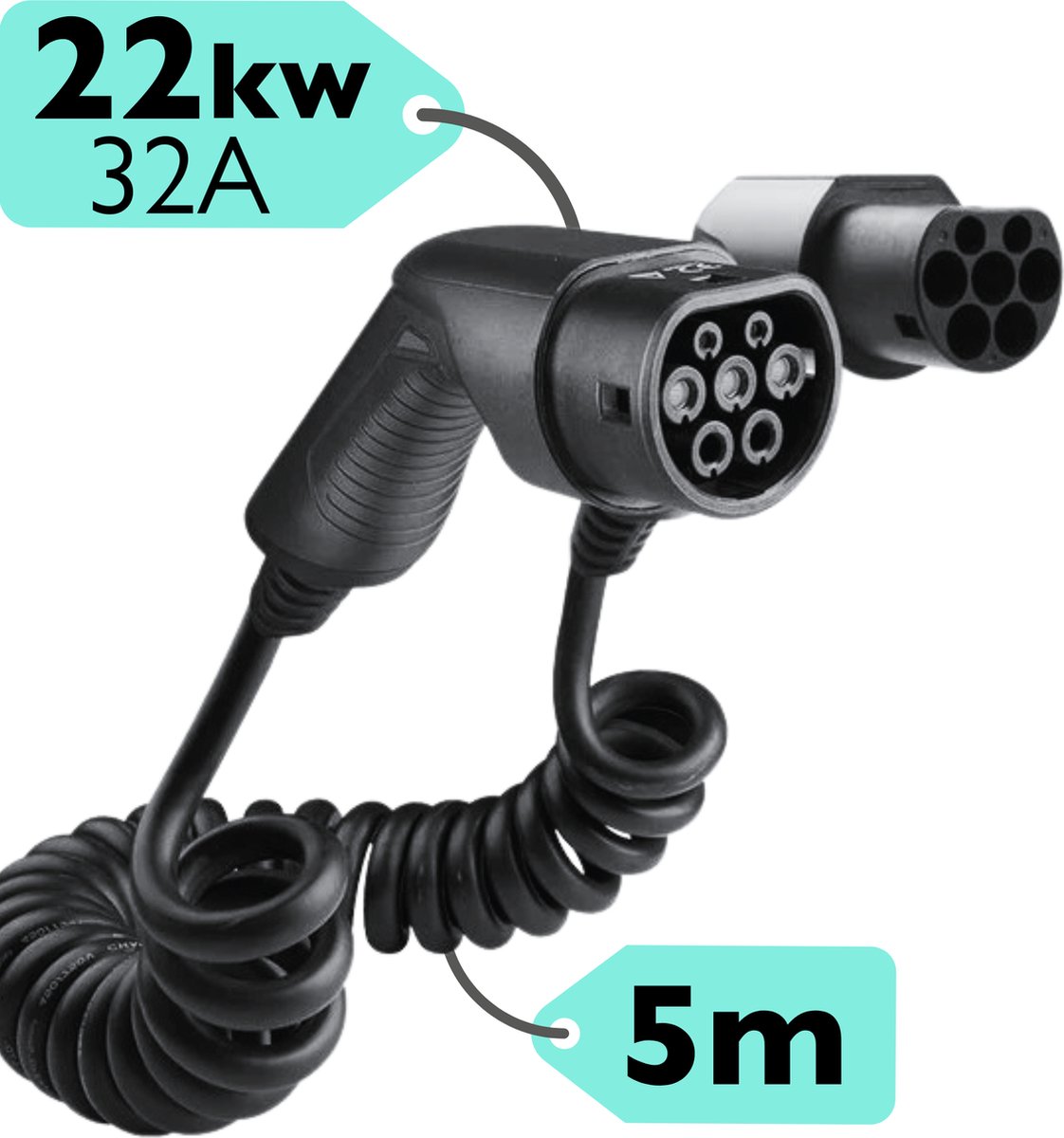 Laadkabel Type 2 Spiraal - 10 Meter - 22KW (32A, 3 Fase) - Type 2 Mennekes