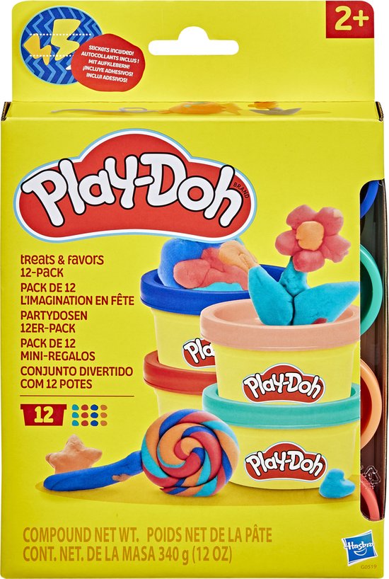Gele Play-Doh doos 'Treats & Favors' 12-pack. Afgebeeld zijn kleipotjes en klei-creaties met een bloem, lolly, ster en confetti.