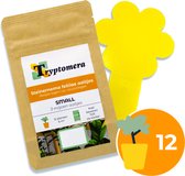 Bruin zakje met Tryptomera merk en 'Steinemema feltiae aaltjes', een gele bloemvormige val met stick, en een gele cirkel met plant en '12'.
