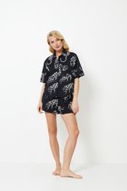 Dames Pyjama Tamisha-100% Katoen-Korte Mouw Top & Short-Cheeta Print-Knoopsluiting-Verstelbare Taille-Zwart-Maat XXL