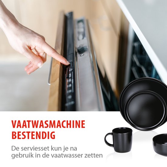 alpina Service de Vaisselle 16 Pièces - Service d'Assiettes 4 Personnes - Services de table en Faïence - Assiettes à petit-déjeuner, Assiettes plates, Bols et tasses - Passe au micro-ondes et au lave-vaisselle - Zwart