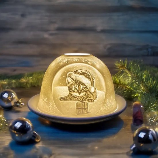 Candle Wisdom – Merry Christmas - Katten - Porseleinen waxinelichthouder – Porseleinen theelichthouder - Porseleinen koepel – Sfeerlicht - Cadeau – Geschenk – Valentijn – Moederdag – Verjaardag – Kerst