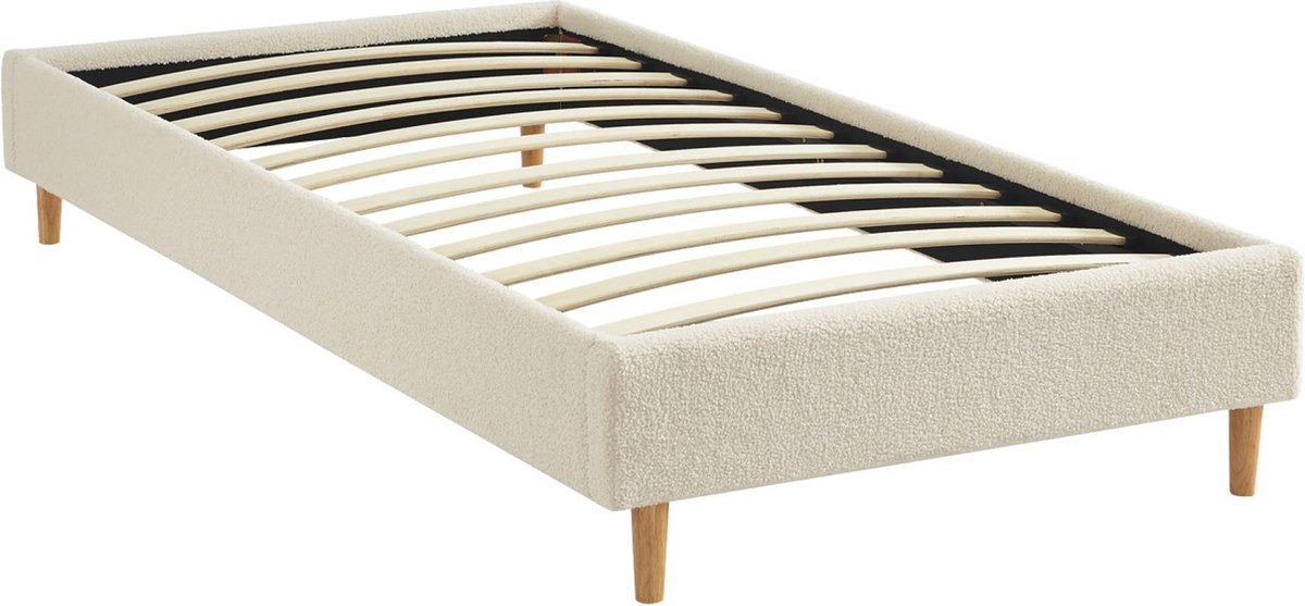 sweeek - Bed met lattenbodem, bouclé afwerking, wit