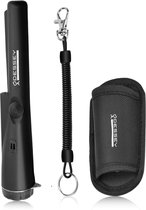 Zwarte metaaldetector met riemholster en koord.