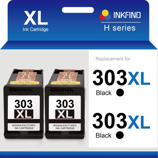 Cartouche d'encre INKFIND 303XL compatible avec HP303 HP 303 HP303XL HP 303XL T6N04AE - Pack de 2 cartouches d'encre haute capacité Zwart