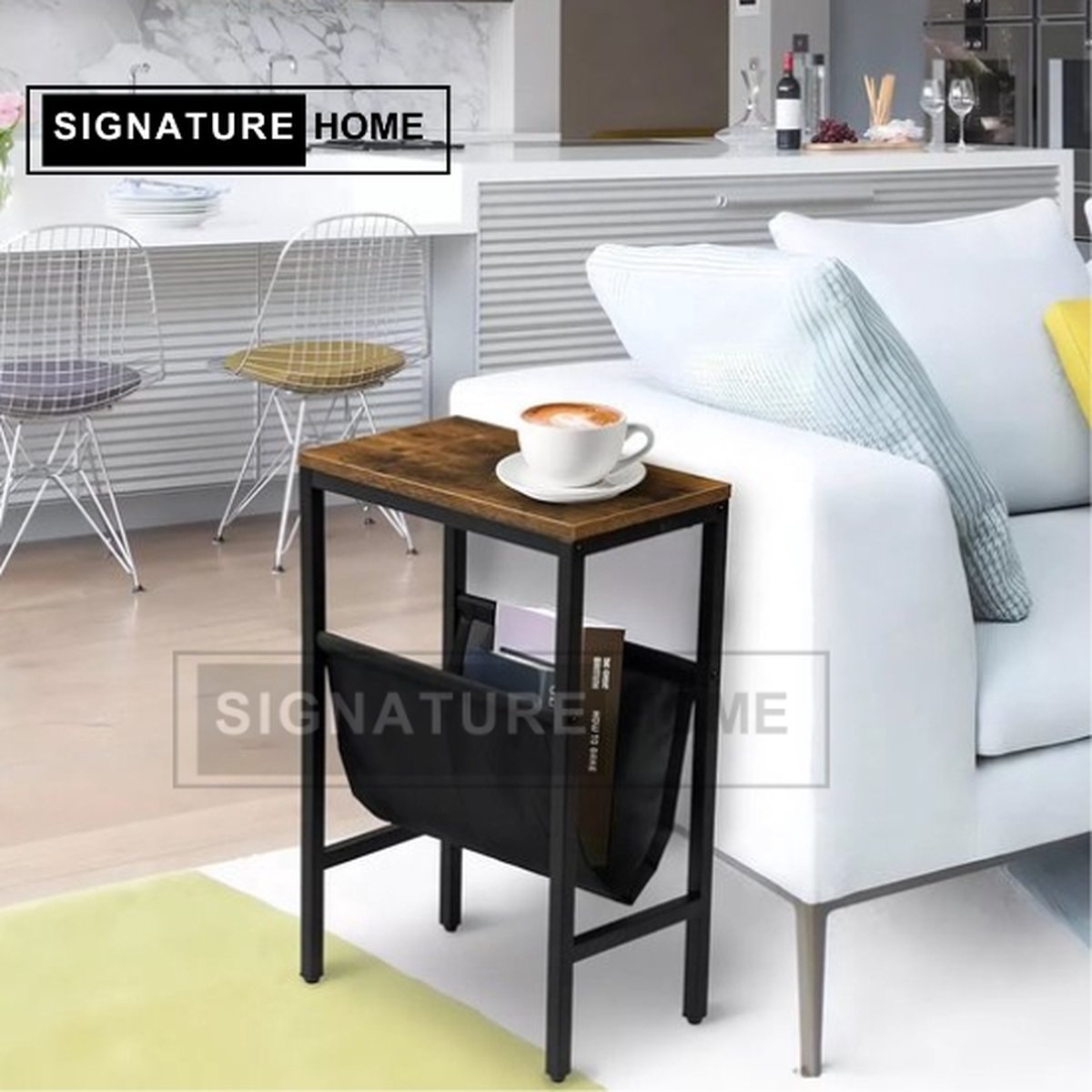 Zwarte bijzettafel, moderne tijdschriftenhouder met smalle opbergvakken voor de woonkamer
