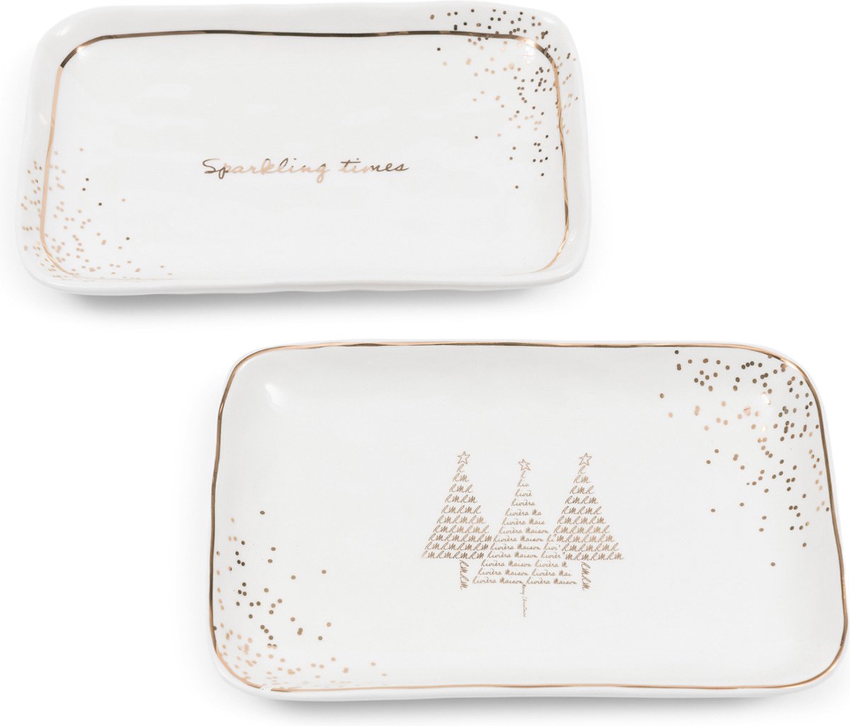 Riviera Maison Bordjes Wit/Goud - Sparkling Times Borden Set Van 2 - Porselein - (LxBxH) 20.5x13x3