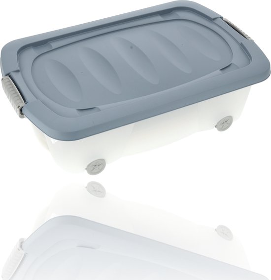 Foto: Opbergbox 24liter blauw transparant opberger onderbedbox op wielen met druksluiting 60x38 5x18 cm