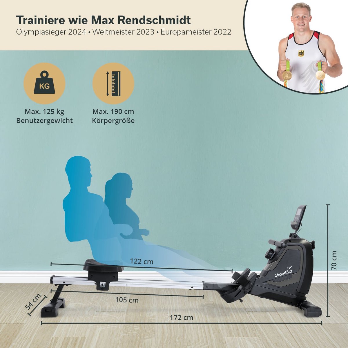 Afbeelding 3 van Skandika Venn Roeimachine – Roeitrainers - Home roeiapparaat fitness - Tablet houder, roeier met multifunctionele computer, 8 weerstandsniveaus instelbaar, onderhoudsarm - Fitnessapparaten - grijs