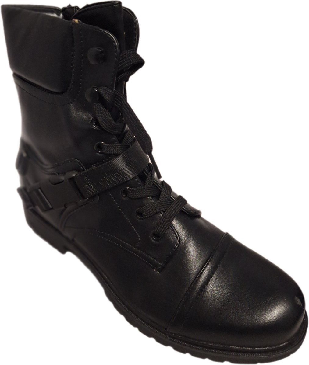 LUCKYSHOES-BIKERBOOTS-BLACK-KUNSTSTOF GESP-VETERS-PROFIELZOOL-41