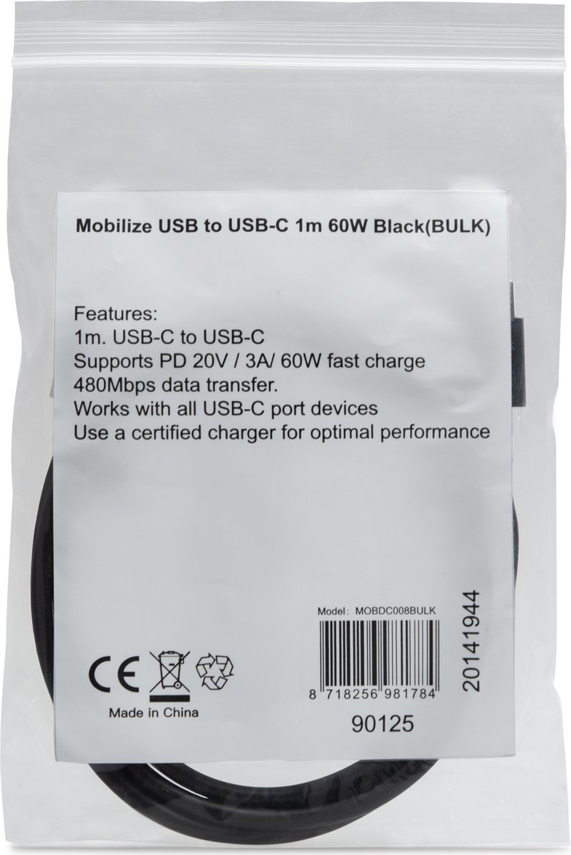 Mobilize USB-C naar USB-C Kabel 1 Meter - Zwart