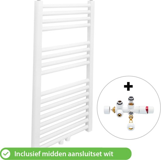 Witte handdoekradiator met horizontale buizen, inclusief een witte midden aansluitset.