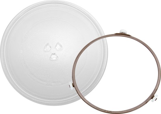 Glazen draaiplateau en metalen ring met wieltjes voor een magnetron.