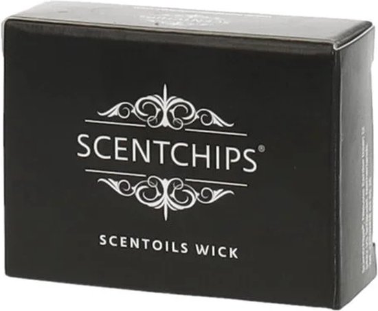 Zwarte Scentchips doos met witte tekst 'SCENTOILS WICK'.