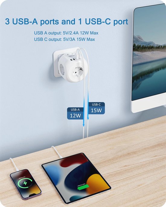 8 In 1 USB Aansluitblok met Stekkerdozen, USB-Oplader en Type-C Poort - Perfect voor Kantoor, Keuken en Woonkamer van Lencent — afbeelding 4