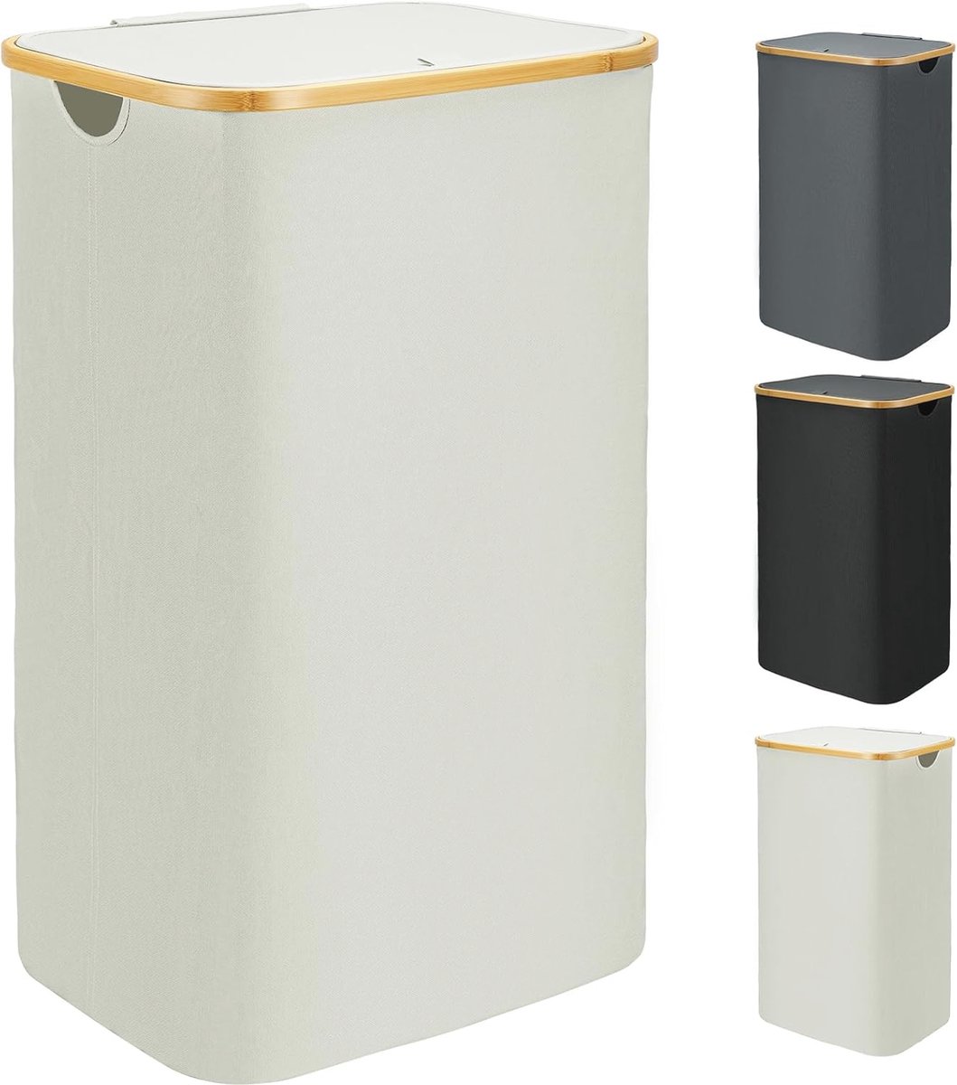 Goedkoopste Grote Wasmand met Deksel en Bamboe Handvat - 110 Liter Opvouwbare Wasmand met Uitneembare Waszak - Beige
