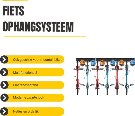 Fietsophangsysteem voor 5 fietsen, ruimtebesparend met moderne zwarte look.