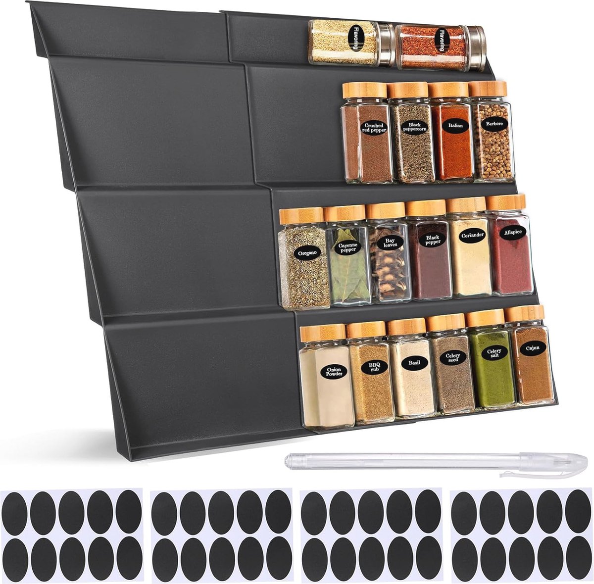 Kruidenlade Organizer - Uitbreidbaar Keukenrek 30-60 cm met 4 Laags Ontwerp en 40 Etiketten