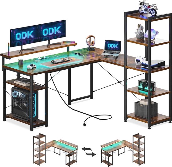 Coleshome Gaming Bureau met LED-verlichting & Stopcontact, Reversibel Computerbureau met Laden, 151 cm Gametafel met Opbergruimte & Monitorstandaard, Koolstofvezel, Zwart