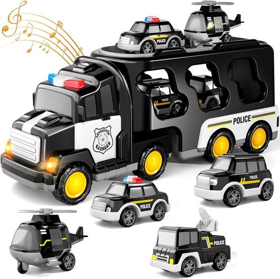Speelgoed vrachtwagen 33cm met licht en geluid en vier kleine auto's - oplegger - speelgoed truck - politie