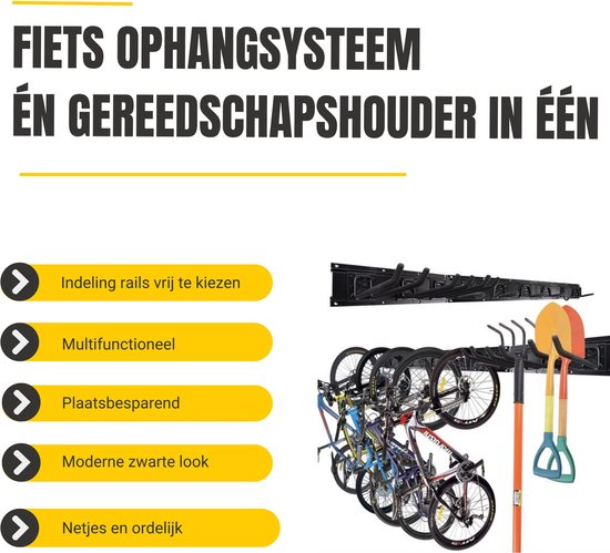Zwart fietsophangsysteem en gereedschapshouder met meerdere fietsen en gereedschap.