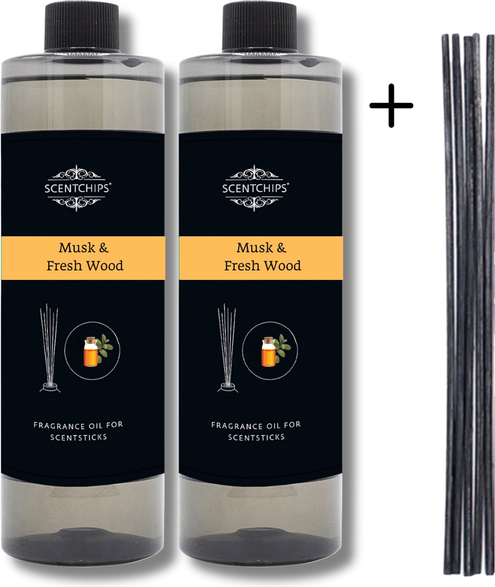 Bol.com Navulling Musk Vers Hout - Geurstokjes Navulling Set van 2 + 5 Geurstokjes - Geurverspreider - Luchtverfrisser - Huispar... aanbieding
