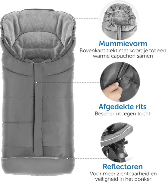 Zamboo Voetenzak voor Joie Buggy sportwagen (geschikt voor Litetrax, Mytrax, Chrome), wintervoetenzak voor kinderwagen, met reflector, capuchonfunctie en tas, grijs — afbeelding 5
