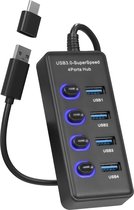 Nuvance Usb Hub - 3.0 – 4 Poorten - Usb Splitter – USB C Hub/Adapter - Universeel - Aan/Uit Switch - met Licht - Zwart