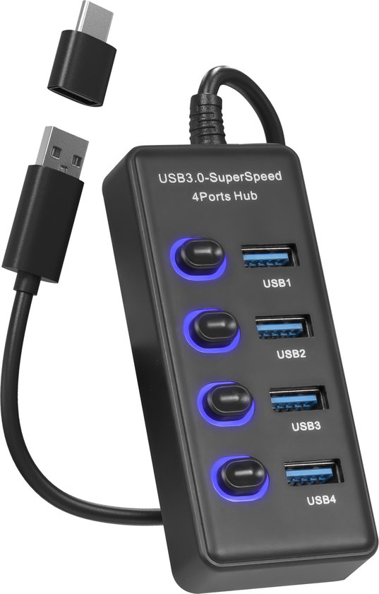 Nuvance Usb Hub - 3.0 – 4 Poorten - Usb Splitter – USB C Hub/Adapter - Universeel - Aan/Uit Switch - met Licht - Zwart