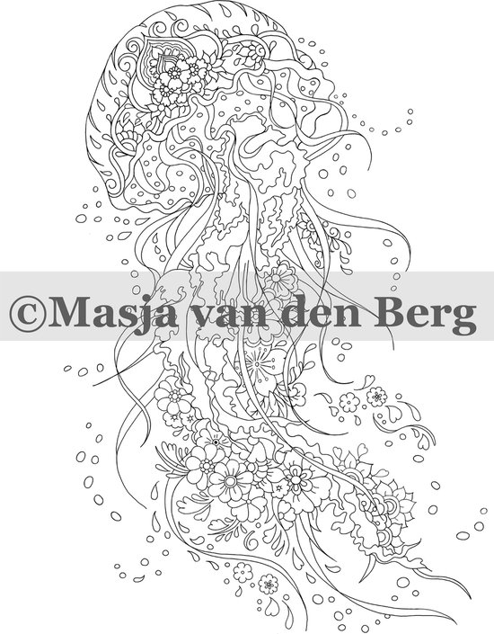 Kwalvis in lijntekening, versierd met bloemen en bubbels.