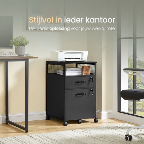 Zwarte ladekast met twee laden, een open rek en wielen, met printer en boeken.