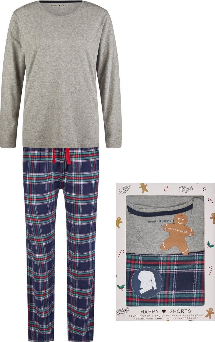 Happy Shorts Dames Kerst Pyjama Set Shirt + Broek Giftbox Flanel Geruit Grijs
