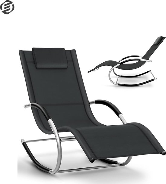 Chaise berçante gris foncé avec appui-tête et cadre argenté incurvé. Petite image montrant la chaise sous un autre angle.
