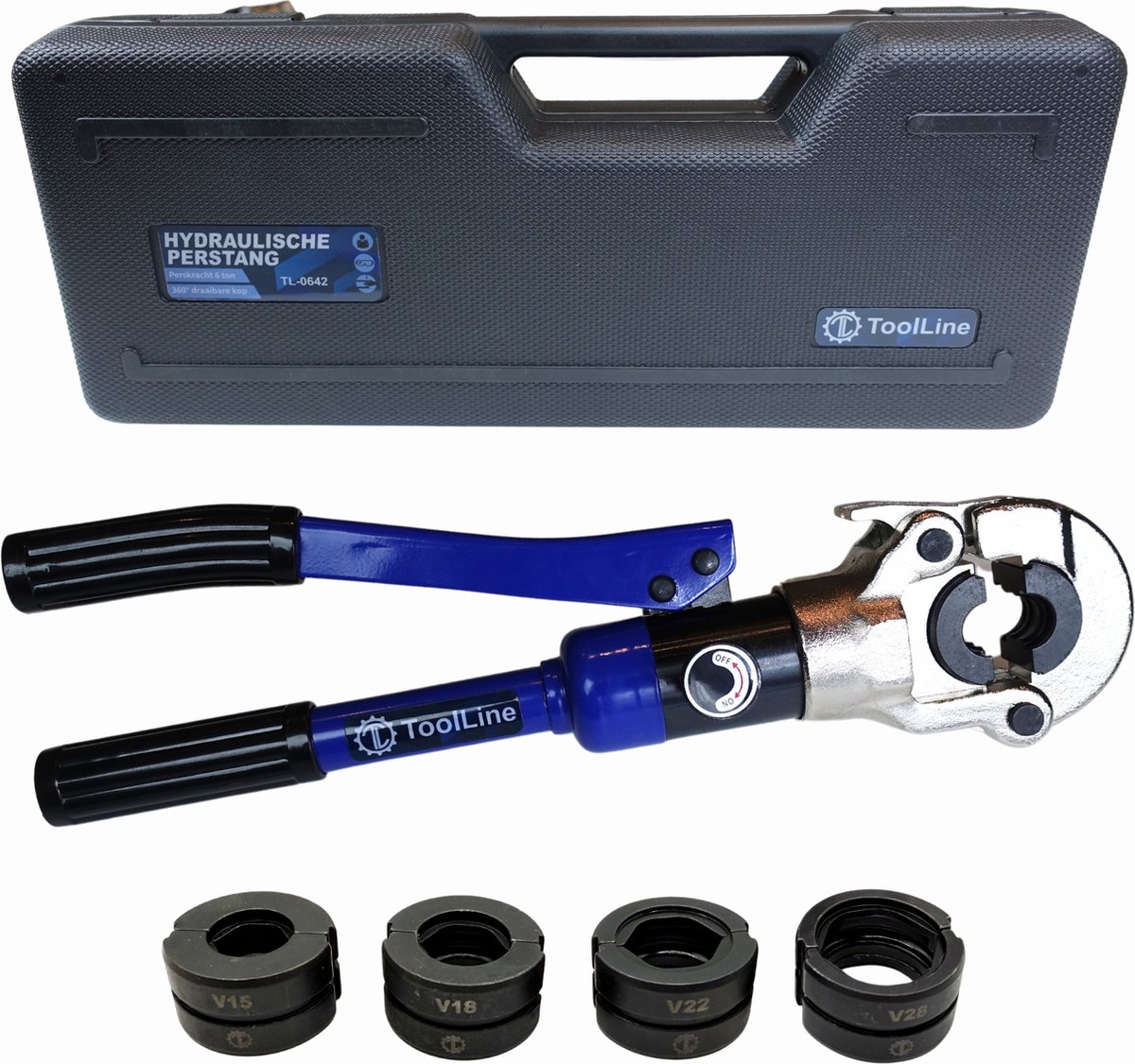 ToolLine® - Perstang V-set (hydraulisch) - 4 gehard stalen V15 - V18 - V22 - V28 persbekken - Perstang waterleiding - Geschikt voor Viega - RVS - stalen en koperen leidingen