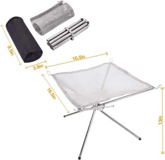 Opvouwbare vuurplaats, draagbare opvouwbare 304 roestvrijstalen gaas campingvuurplaats voor picknick, kampvuur, houtgestookte vuurplaats met draagtas voor terras, camping, tuin - M (41,9 x 41,6 x 34,5 cm) van Fusmoorz — afbeelding 5