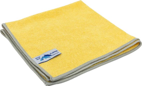 Chiffon microfibre jaune avec bordure grise et étiquette Flipper homecare.