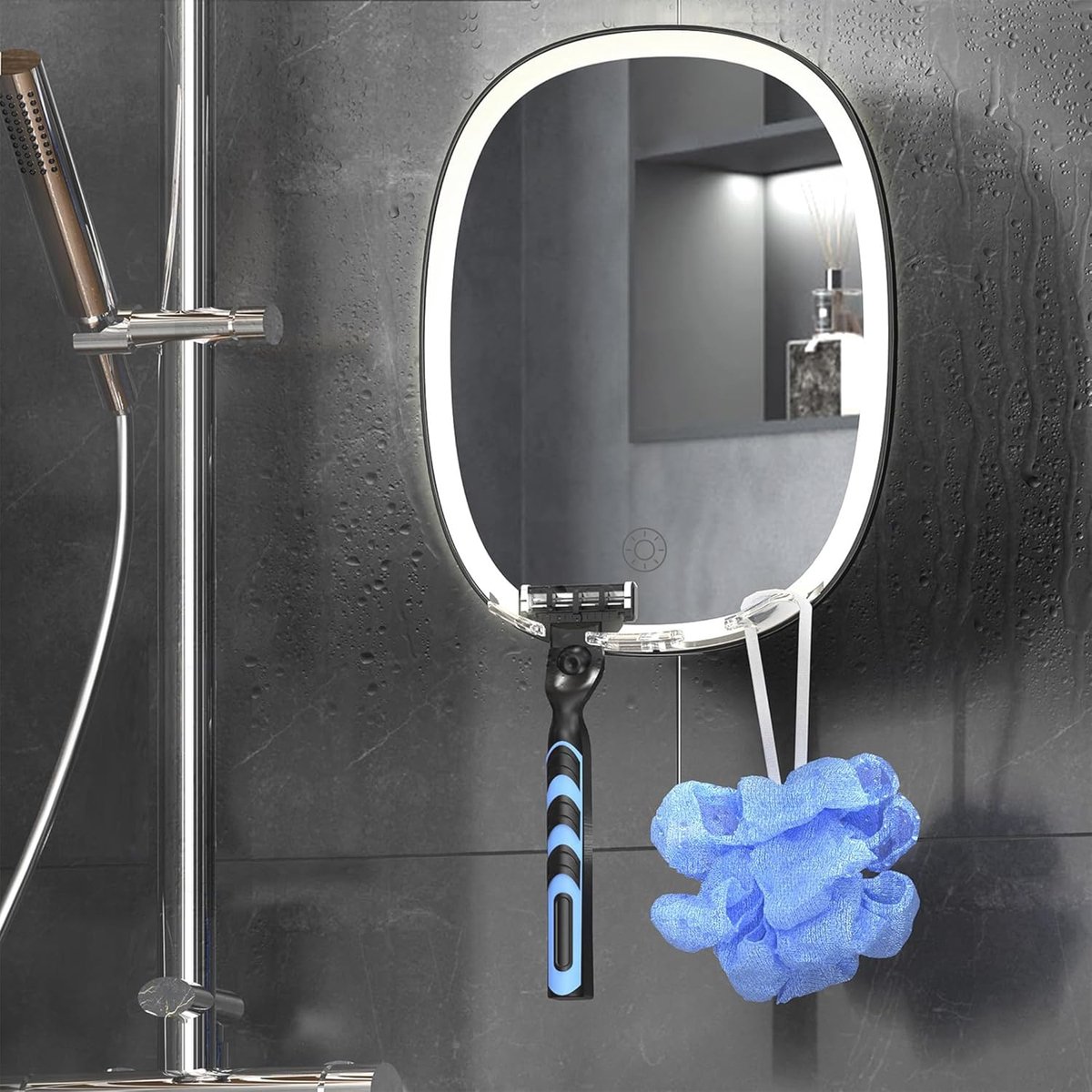 Goedkoopste Anti-condens Douchespiegel met Dimbare Lichtkleuren en Scheermeshouder - 21,4 x 17 cm