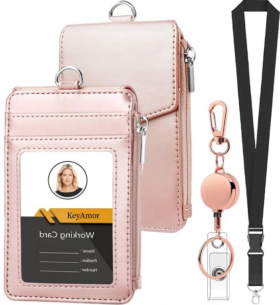 Porte-cartes rose avec carte d'identité, poche zippée et un ensemble de tour de cou réglable et porte-clés.