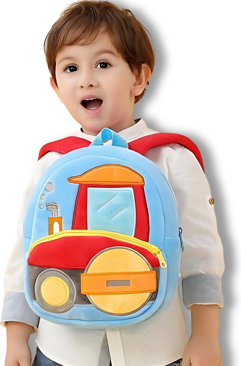 BoefieBoef Wegwals Peuter/Kleuter Rugtas: Bouw & Werkvoertuigen Design - Kerst Cadeau - Avontuurlijke Kinder Rugzak 0-5 Jaar - rood geel blauw