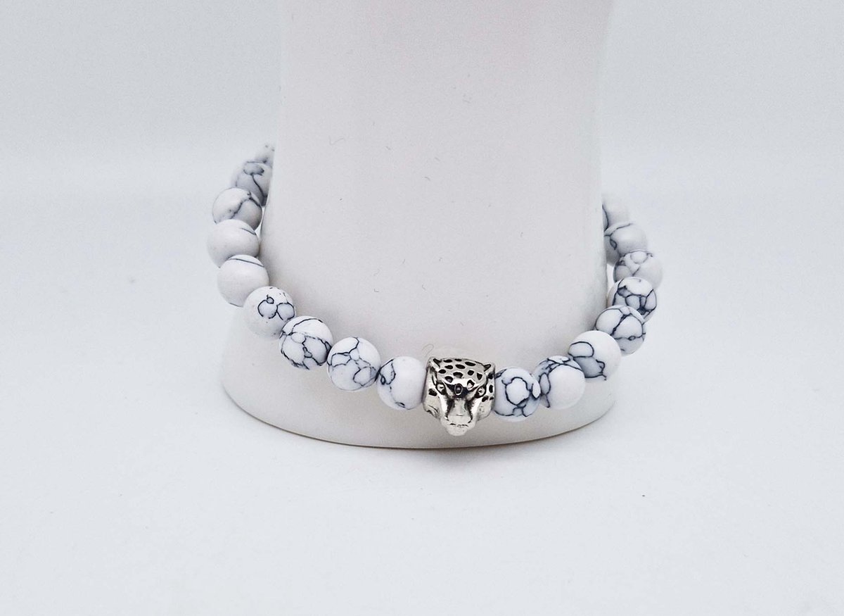 Handgemaakte natuursteen armband met Metalen vorm - Model 15 - "Howlite Wit" -8 mm diameter van de korrel- Diameter armband 20 cm - Een mooi cadeau voor familie en vrienden