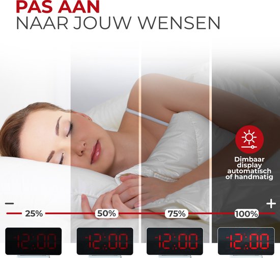 Demonstratie van het dimbare rode display van de wekker, van 25% tot 100%. Een slapende vrouw wordt getoond.