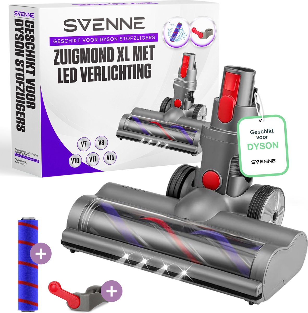 SVENNE® Dyson Zuigmond XL met LED-verlichting, Triggerlock en 2 Rolborstels - Harde en Zachte Borstel, Mondstuk voor V7, V8, V10, V11, V15 - Wasbaar Opzetstuk