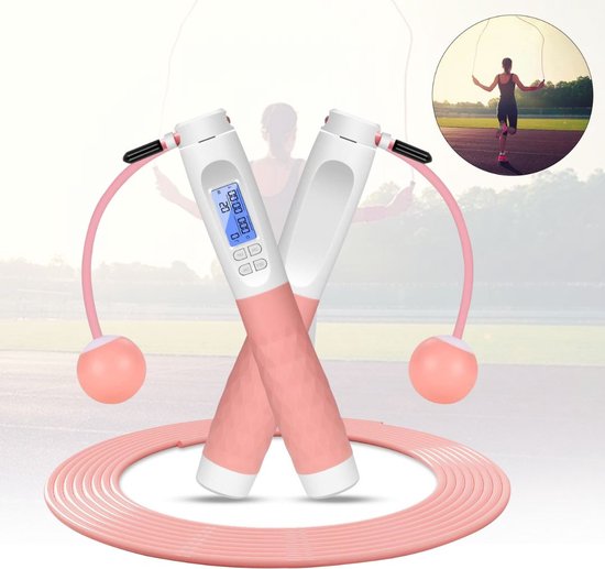 Foto: Dailysupplies springtouw met teller springtouw draadloos elektrisch springtouw springtouw met 2 standen springtouw volwassenen en kinderen springtouwen springtouw fitness spring touw speedrope wit met roze