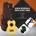 Finesse ukulele in naturel houtkleur met donkerbruine tas, capo en stemapparaat. "Jouw muzikale reis start hier".