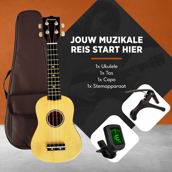 Finesse ukulele in naturel houtkleur met donkerbruine tas, capo en stemapparaat. "Jouw muzikale reis start hier".
