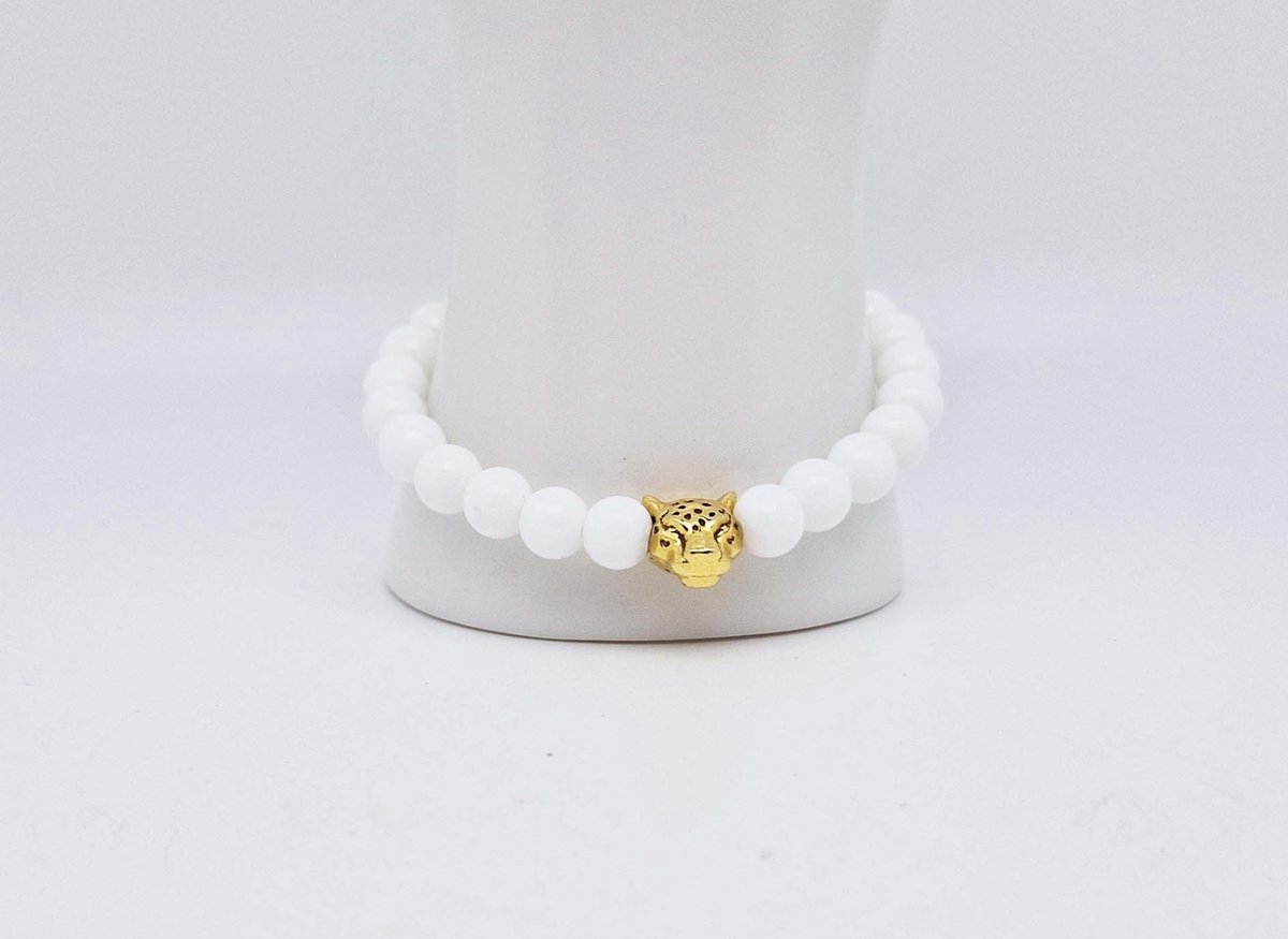Handgemaakte natuursteen armband met Metalen vorm - Model 2 - "Witte agaat" -8 mm diameter van de korrel- Diameter armband 20 cm - Een mooi cadeau voor familie en vrienden