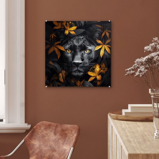MuchoWow® Peinture sur verre 50x50 cm - Peinture sur verre acrylique - Panthère noire - Fleurs - Or - Nature - Félin - Photo sur verre - Décoration murale salon - Décoration murale chambre - Peintures