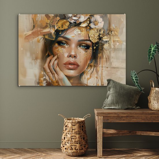 MuchoWow® Peinture sur verre 120x80 cm - Peinture sur verre acrylique - Femme - Fleurs - Or - Portrait - Photo sur verre - Décoration murale salon - Décoration murale chambre - Peintures