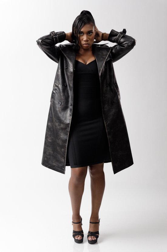 Savory Fashion- Trenchcoat - Leather look - Donkergrijs - Zilver - Maat M